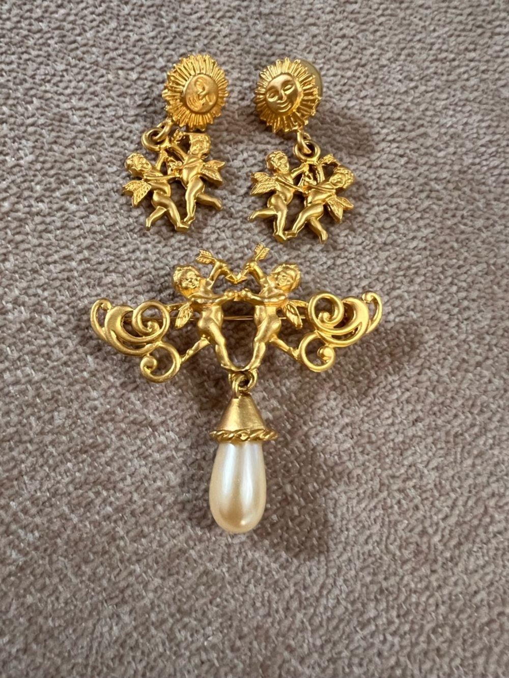 Vintage Gold-Tone Cherub Pearl Drop Brooch & Earrings Set